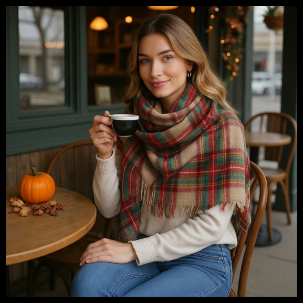 Plaid Tartan Tan Blanket Scarf 56"X 58" Beige Cozy Warm Fringed Wrap In Taupe●